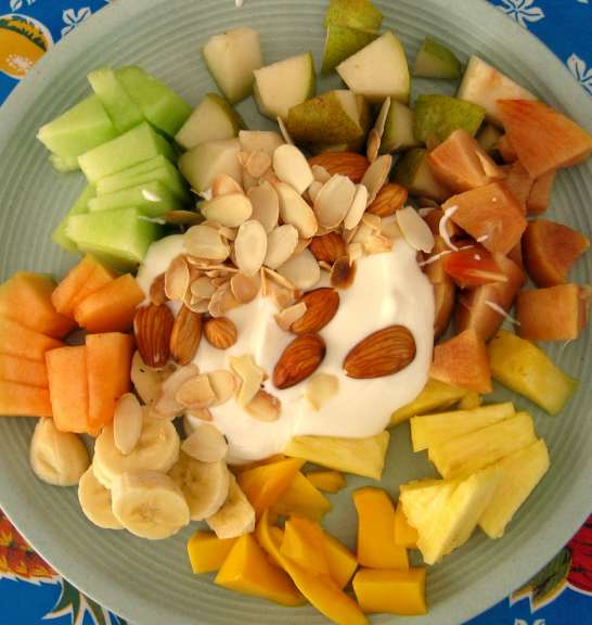 honeydew_cantaloupe_chico-zapote_pineapple_pear_banana_mango_yoghurt_toasted-almonds_soaked-almonds.JPG - 36kB